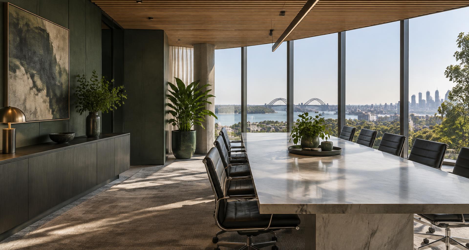 A contemporary executive meeting space overlooking Sydney Harbour